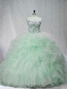  Lace Up Quinceanera Gown Apple Green for Sweet 16 and Quinceanera with Beading and Ruffles Brush Train