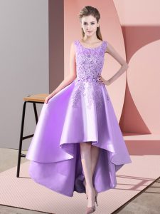  Lavender A-line Lace Vestidos de Damas Zipper Satin Sleeveless High Low