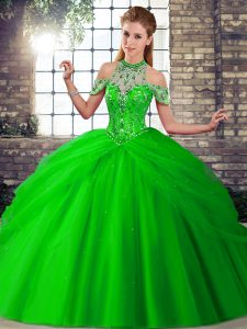  Beading and Pick Ups Quince Ball Gowns Green Lace Up Sleeveless Brush Train