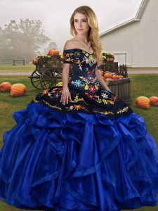 New Arrival Off The Shoulder Sleeveless 15th Birthday Dress Floor Length Embroidery and Ruffles Blue And Black Organza