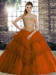  Beading and Lace Quinceanera Gown Rust Red Lace Up Sleeveless Brush Train