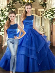 Suitable Royal Blue Sleeveless Floor Length Ruffled Layers Lace Up Sweet 16 Dresses