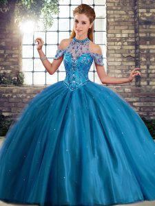  Sleeveless Tulle Brush Train Lace Up 15 Quinceanera Dress in Blue with Beading