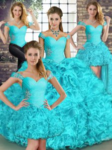  Aqua Blue Off The Shoulder Neckline Beading and Ruffles Quince Ball Gowns Sleeveless Lace Up