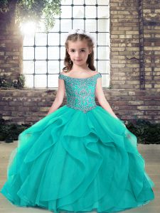 Unique Beading Kids Pageant Dress Teal Lace Up Sleeveless Floor Length