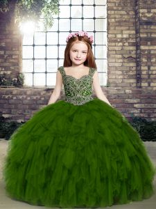  Beading and Ruffles Little Girl Pageant Dress Olive Green Lace Up Sleeveless Floor Length