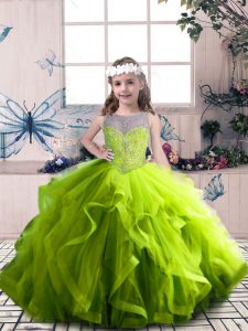 Fashion Olive Green Tulle Lace Up Scoop Sleeveless Floor Length Little Girl Pageant Gowns Beading and Ruffles