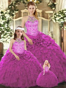  Halter Top Sleeveless Organza Quinceanera Dress Beading and Ruffles Lace Up