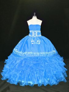 High Class Organza Strapless Sleeveless Lace Up Embroidery and Ruffles 15 Quinceanera Dress in Blue
