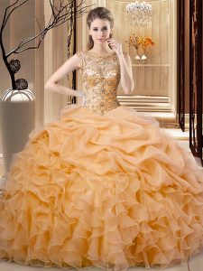 Clearance Organza Scoop Sleeveless Lace Up Beading and Ruffles Quinceanera Gown in Orange