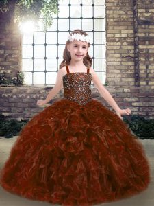 Most Popular Straps Sleeveless Little Girl Pageant Dress Floor Length Beading Rust Red Organza