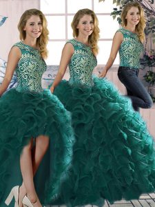 Romantic Scoop Sleeveless Lace Up Sweet 16 Dress Peacock Green Organza