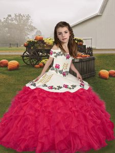 Perfect Coral Red Organza Lace Up Straps Sleeveless Floor Length Child Pageant Dress Embroidery and Ruffles