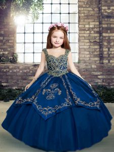  Blue Ball Gowns Straps Sleeveless Tulle Floor Length Lace Up Beading and Embroidery Little Girls Pageant Dress Wholesale