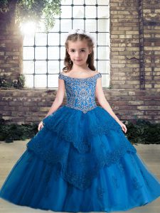  Beading and Appliques Child Pageant Dress Blue Lace Up Sleeveless Floor Length