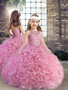  Floor Length Lace Up Kids Pageant Dress Pink for Party and Wedding Party with Beading