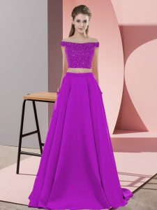  Purple Off The Shoulder Backless Beading Prom Dress Sweep Train Sleeveless