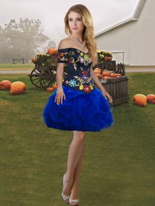 Simple Royal Blue Ball Gowns Off The Shoulder Sleeveless Tulle Mini Length Lace Up Embroidery and Ruffles Prom Gown