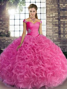  Rose Pink Ball Gowns Off The Shoulder Sleeveless Fabric With Rolling Flowers Floor Length Lace Up Beading Quinceanera Dress
