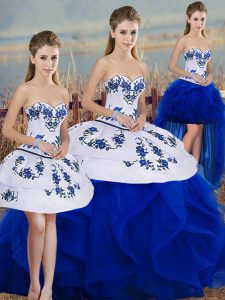 Affordable Sleeveless Floor Length Embroidery and Ruffles and Bowknot Lace Up Quinceanera Gown with Royal Blue
