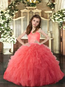  Ball Gowns Little Girls Pageant Dress Wholesale Coral Red Straps Tulle Sleeveless Floor Length Lace Up