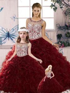 Dynamic Floor Length Burgundy Quinceanera Gowns Scoop Sleeveless Lace Up