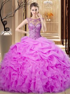 Traditional Floor Length Lilac Quince Ball Gowns Organza Sleeveless Beading and Pick Ups