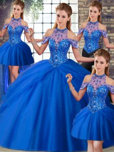  Blue Ball Gowns Beading and Pick Ups Ball Gown Prom Dress Lace Up Tulle Sleeveless