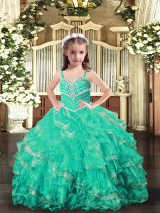  Turquoise Organza Lace Up Straps Sleeveless Floor Length Little Girls Pageant Dress Wholesale Beading and Ruffles