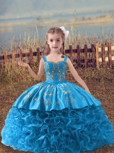  Straps Sleeveless Sweep Train Lace Up Kids Pageant Dress Baby Blue Fabric With Rolling Flowers