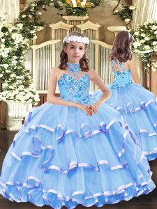 Stunning High-neck Sleeveless Girls Pageant Dresses Floor Length Appliques and Ruffled Layers Baby Blue Organza