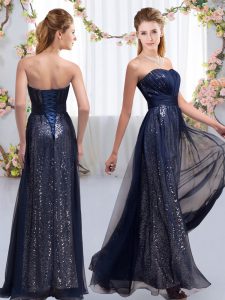 Deluxe Navy Blue Sleeveless Sequins Floor Length Quinceanera Court of Honor Dress
