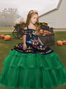  Sleeveless Tulle Floor Length Lace Up Kids Pageant Dress in Green with Embroidery and Ruffled Layers