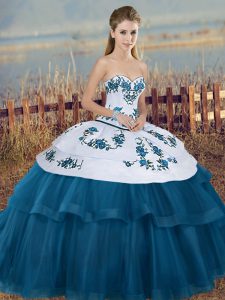 On Sale Sweetheart Sleeveless Quinceanera Gown Floor Length Embroidery and Bowknot Blue And White Tulle