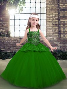 Trendy Floor Length Green Little Girl Pageant Gowns Tulle Sleeveless Beading