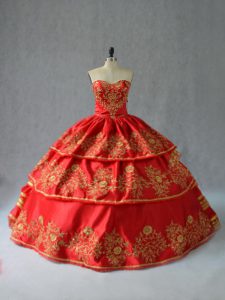 Popular Red Halter Top Lace Up Embroidery and Ruffled Layers 15 Quinceanera Dress Sleeveless