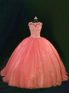  Orange Scoop Lace Up Beading and Lace Quince Ball Gowns Sleeveless