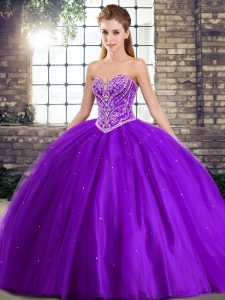 Fashionable Purple Ball Gowns Beading Quinceanera Gowns Lace Up Tulle Sleeveless