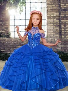 Excellent High-neck Sleeveless Lace Up Girls Pageant Dresses Blue Tulle