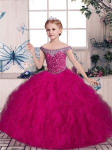  Fuchsia Off The Shoulder Neckline Beading and Ruffles Kids Pageant Dress Sleeveless Lace Up