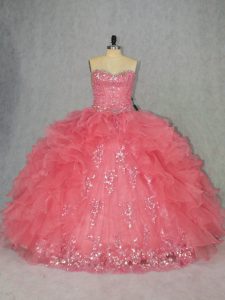  Organza Sweetheart Sleeveless Lace Up Beading and Ruffles Quinceanera Dresses in Watermelon Red