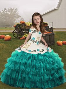  Teal Sleeveless Embroidery and Ruffled Layers Floor Length Pageant Gowns For Girls