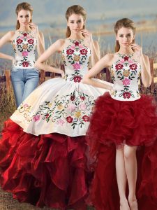 Charming White And Red Lace Up Halter Top Embroidery and Ruffles Sweet 16 Dresses Organza Sleeveless