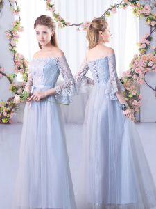 Fancy Grey Quinceanera Court of Honor Dress Wedding Party with Lace Off The Shoulder 3 4 Length Sleeve Lace Up