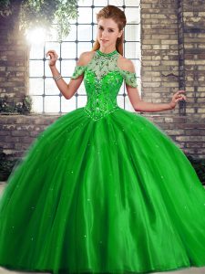  Green Sleeveless Brush Train Beading 15 Quinceanera Dress