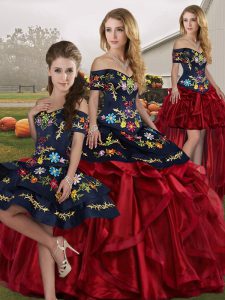 Custom Designed Red And Black Sleeveless Organza Lace Up Ball Gown Prom Dress for Military Ball and Sweet 16 and Quinceanera