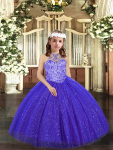 New Style Sleeveless Floor Length Beading Lace Up Child Pageant Dress with Royal Blue