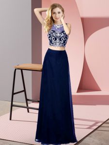 Fitting Blue Two Pieces Chiffon Scoop Sleeveless Beading Floor Length Backless Prom Party Dress