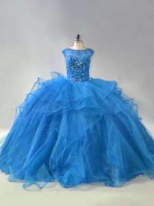 New Style Blue Ball Gowns Beading and Ruffles Quince Ball Gowns Lace Up Organza Sleeveless