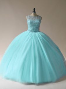 Admirable Floor Length Ball Gowns Sleeveless Aqua Blue Quince Ball Gowns Lace Up